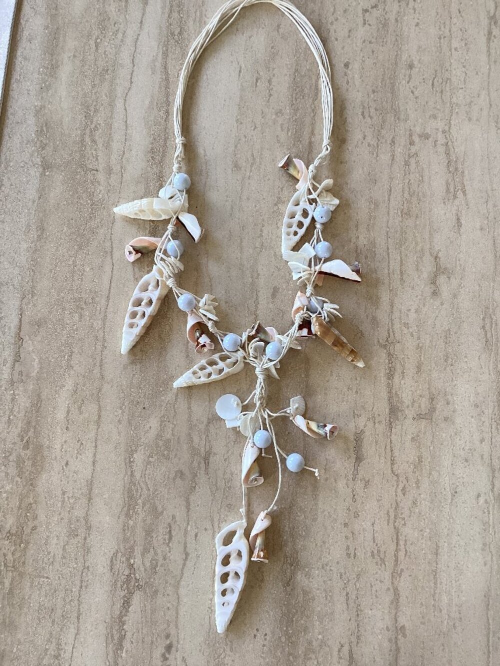 Beaded white seashell and cord necklace, 19"